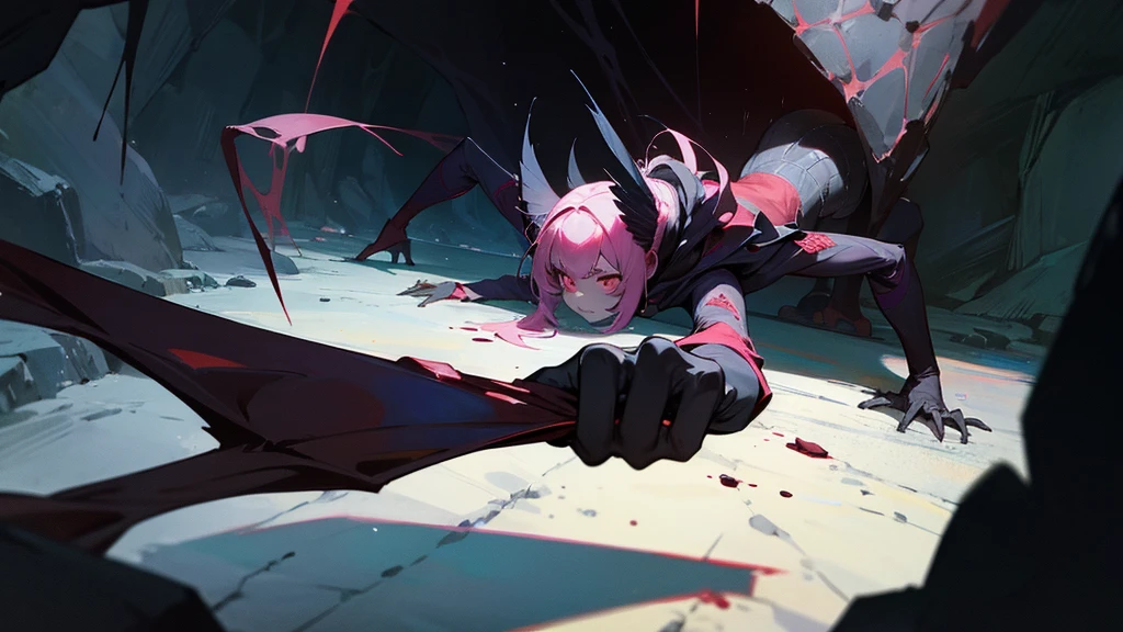 a huge spider runs after a girl in a dark cave. blood, fear, An adventurer