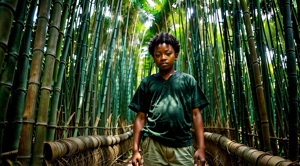 Image of a black teenager,  - wearing a green blouse, curly hair, long pants, straw sandals, - hidden among the bamboo grove, wakes up scared, looking through the cracks in the bamboo grove, image of the bamboo grove - Image of a black boy, 12 years oldearly in the morning - gets up from the bed made of straw - bamboo grove leaf