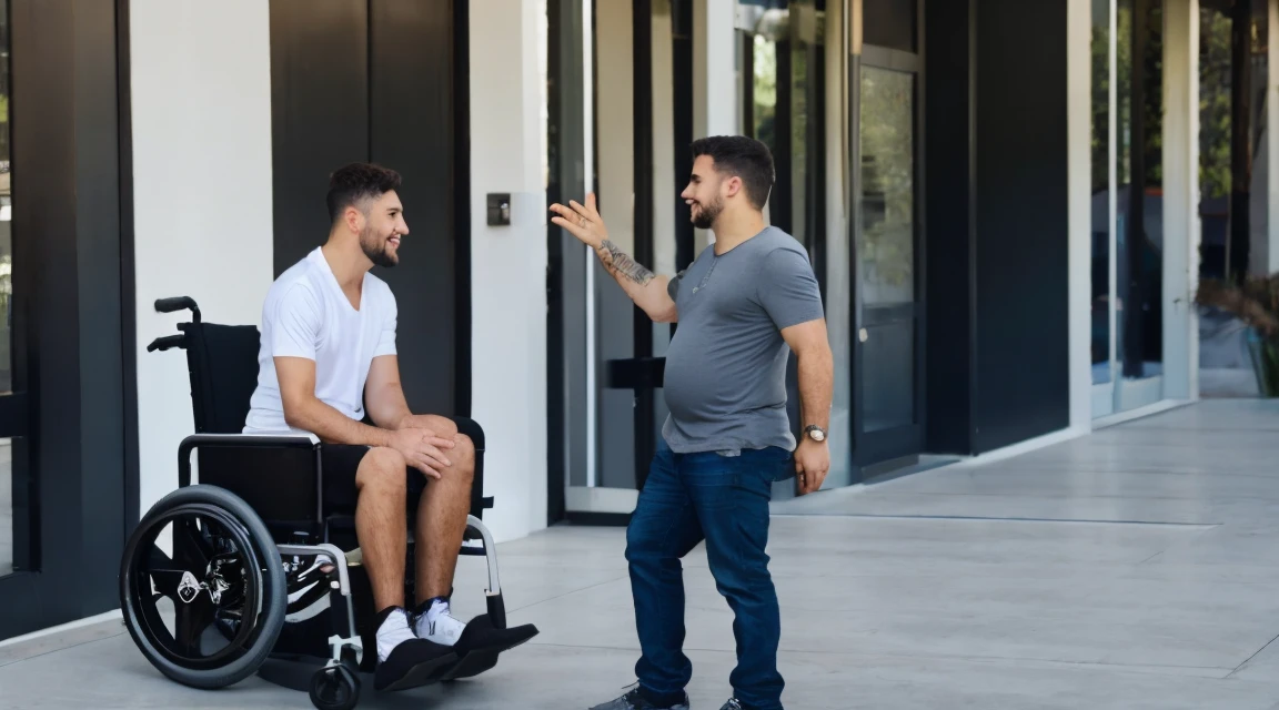 a pregnant woman helping a man in a wheelchair