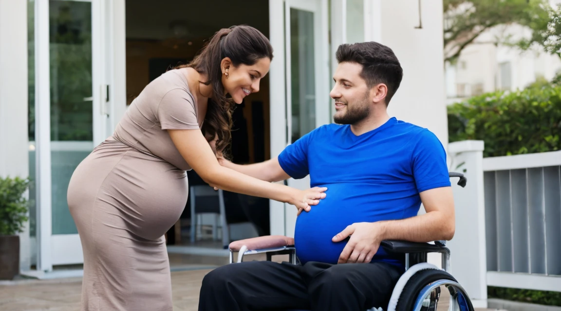 a pregnant woman helping a man in a wheelchair