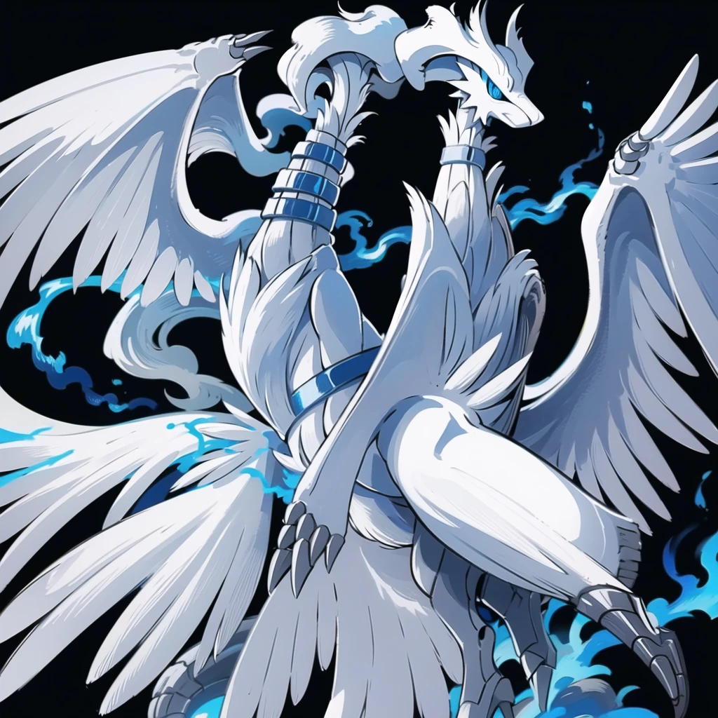 ((masterpiece,best quality)), absurdres,
,
Reshiram, 
blue eyes, blue fire, claws, fire, from below, grey background, no humans, simple background, glowing eyes,