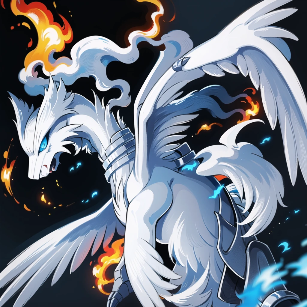 ((masterpiece,best quality)), absurdres,
,
Reshiram, 
blue eyes, blue fire, claws, fire, from below, grey background, no humans, simple background, glowing eyes,