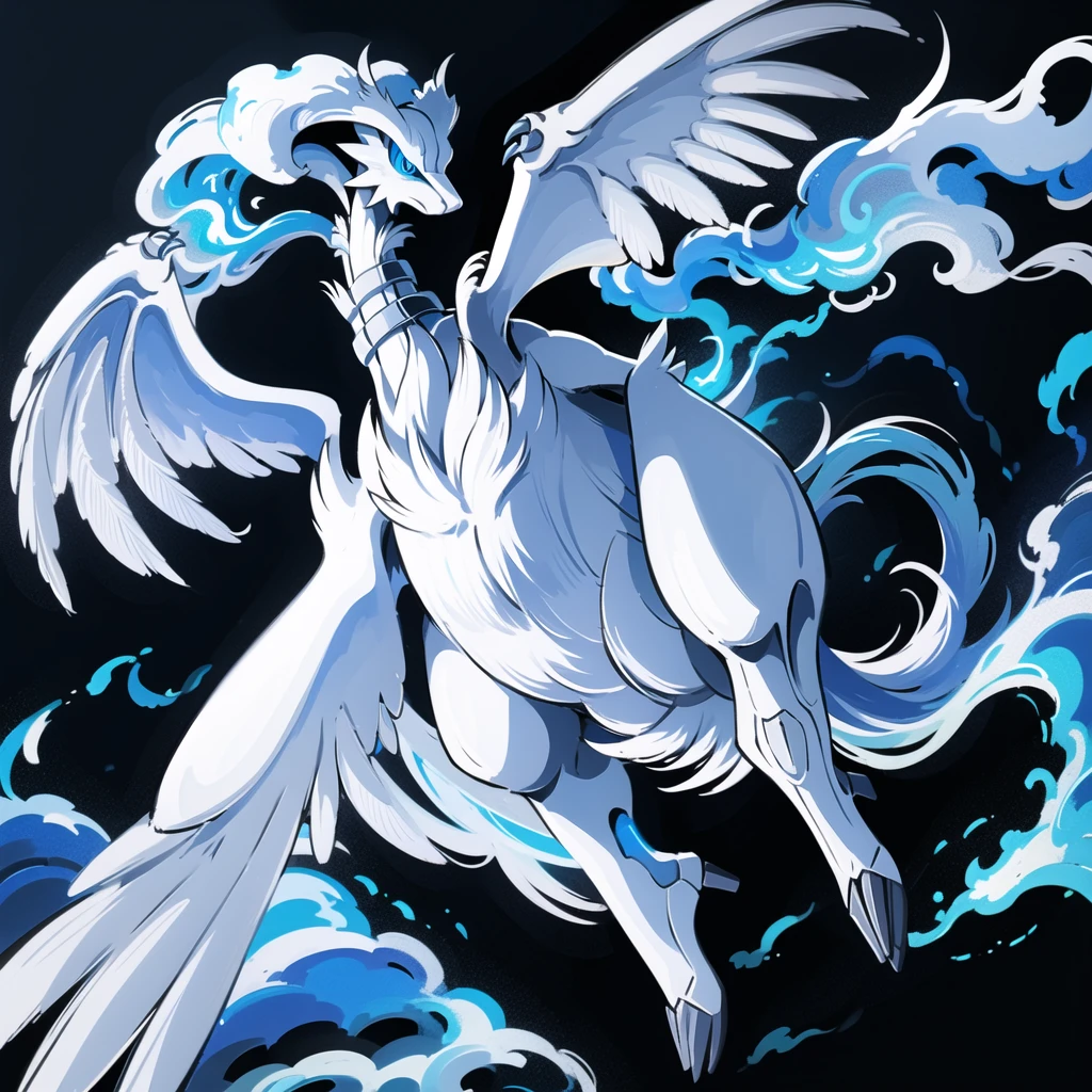 ((masterpiece,best quality)), absurdres,
,
Reshiram, 
blue eyes, blue fire, claws, fire, from below, grey background, no humans, simple background, glowing eyes,