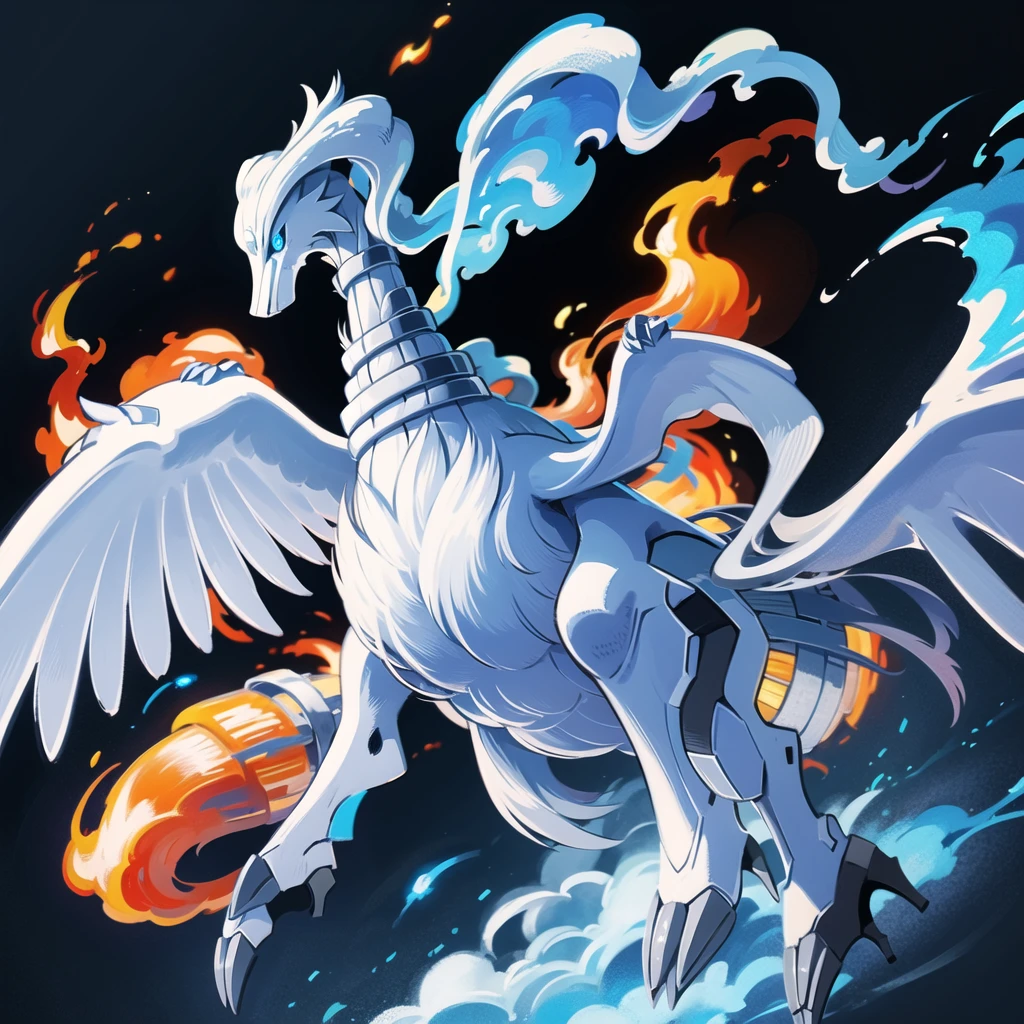 ((masterpiece,best quality)), absurdres,
,
Reshiram, 
blue eyes, blue fire, claws, fire, from below, grey background, no humans, simple background, glowing eyes,