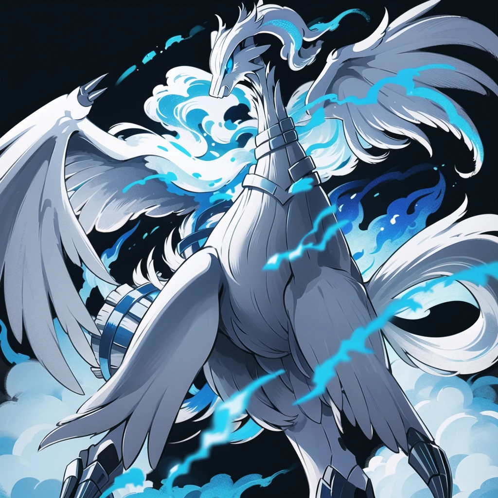 ((masterpiece,best quality)), absurdres,
,
Reshiram, 
blue eyes, blue fire, claws, fire, from below, grey background, no humans, simple background, glowing eyes,