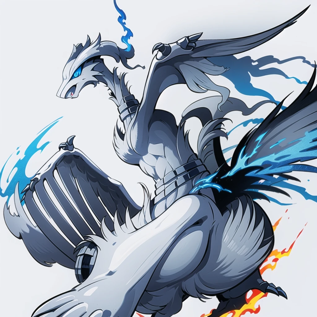 ((masterpiece,best quality)), absurdres,
,
Reshiram, 
blue eyes, blue fire, claws, fire, from below, grey background, no humans, simple background, glowing eyes,