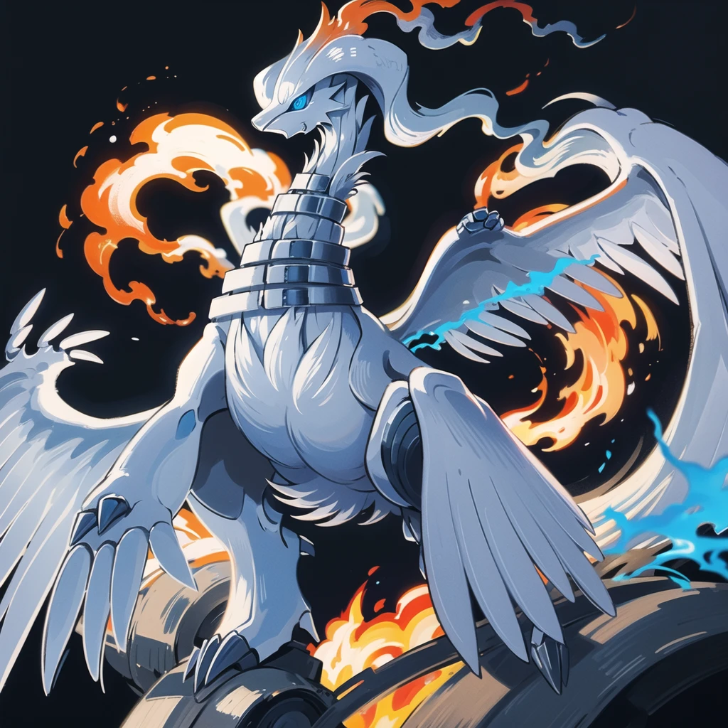 ((masterpiece,best quality)), absurdres,
,
Reshiram, 
blue eyes, blue fire, claws, fire, from below, grey background, no humans, simple background, glowing eyes,