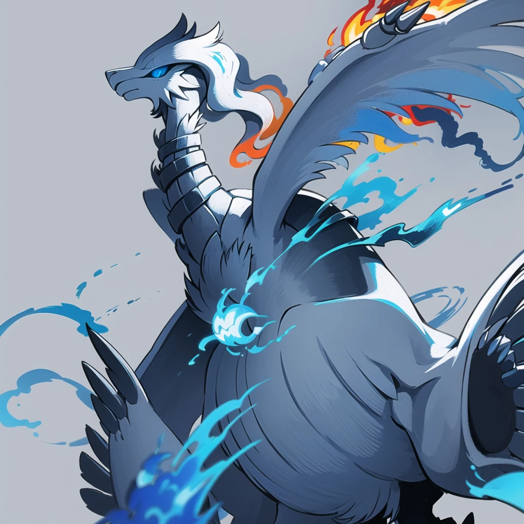 ((masterpiece,best quality)), absurdres,
,
Reshiram, 
blue eyes, blue fire, claws, fire, from below, grey background, no humans, simple background, glowing eyes,