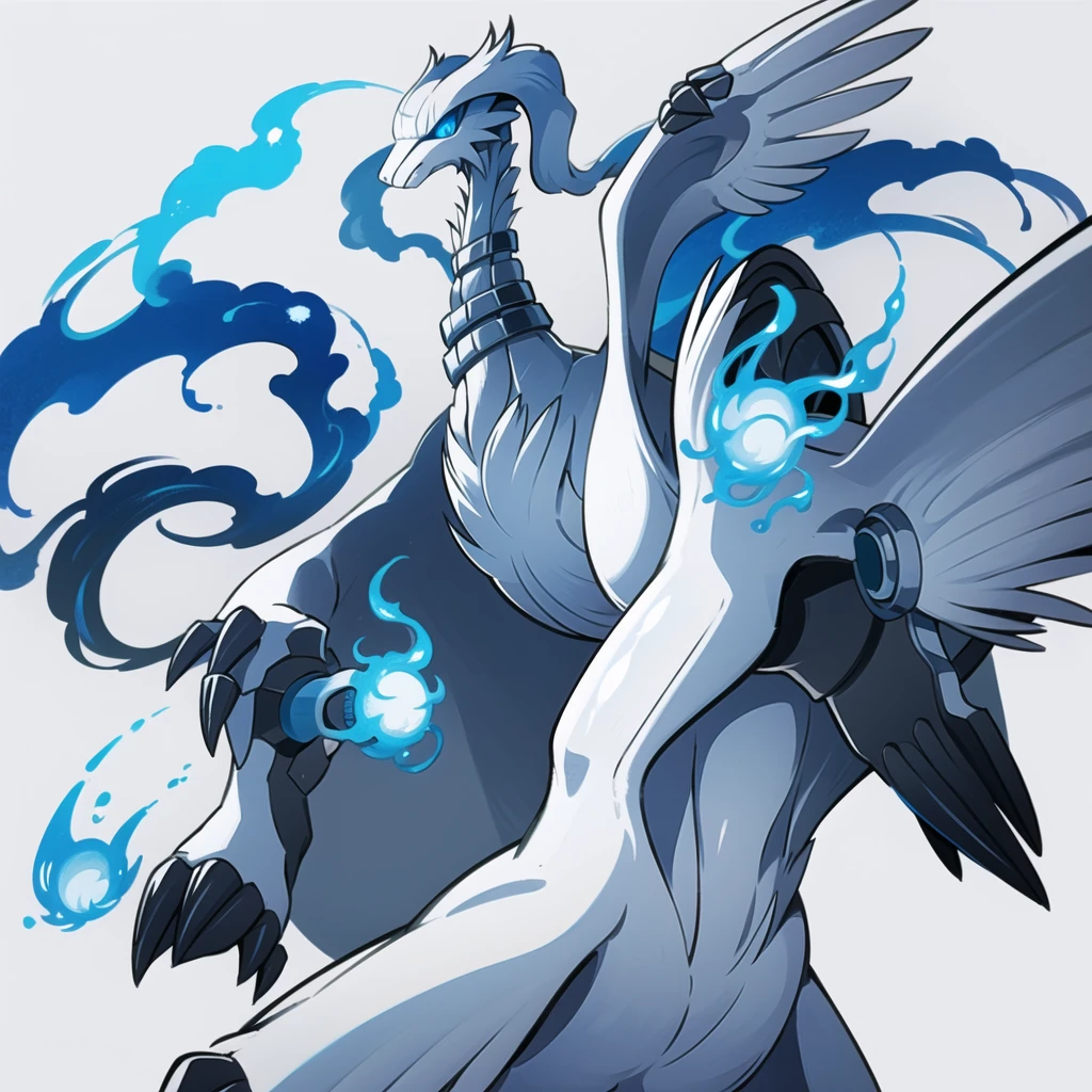 ((masterpiece,best quality)), absurdres,
,
Reshiram, 
blue eyes, blue fire, claws, fire, from below, grey background, no humans, simple background, glowing eyes,