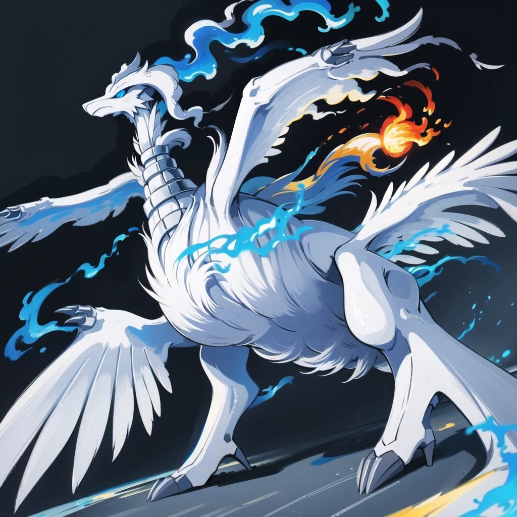 ((masterpiece,best quality)), absurdres,
,
Reshiram, 
blue eyes, blue fire, claws, fire, from below, grey background, no humans, simple background, glowing eyes,