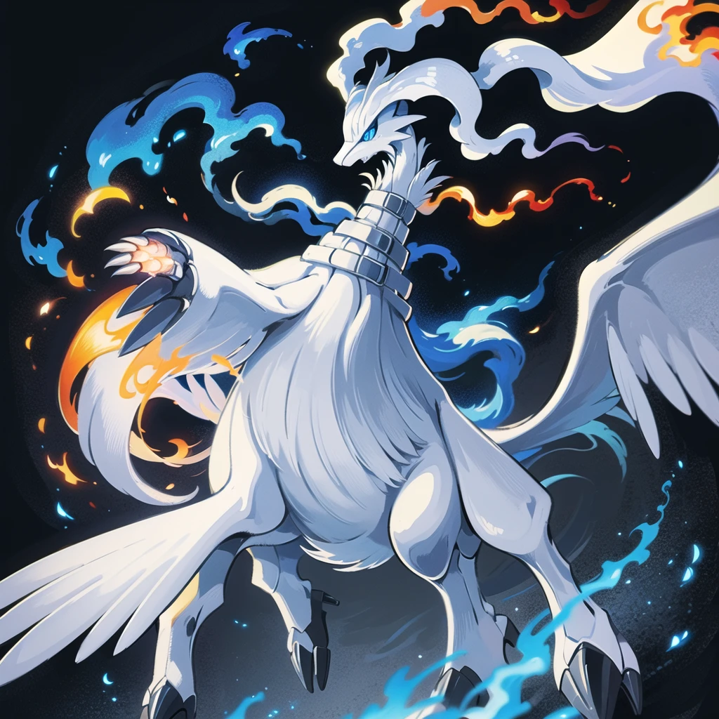 ((masterpiece,best quality)), absurdres,
,
Reshiram, 
blue eyes, blue fire, claws, fire, from below, grey background, no humans, simple background, glowing eyes,