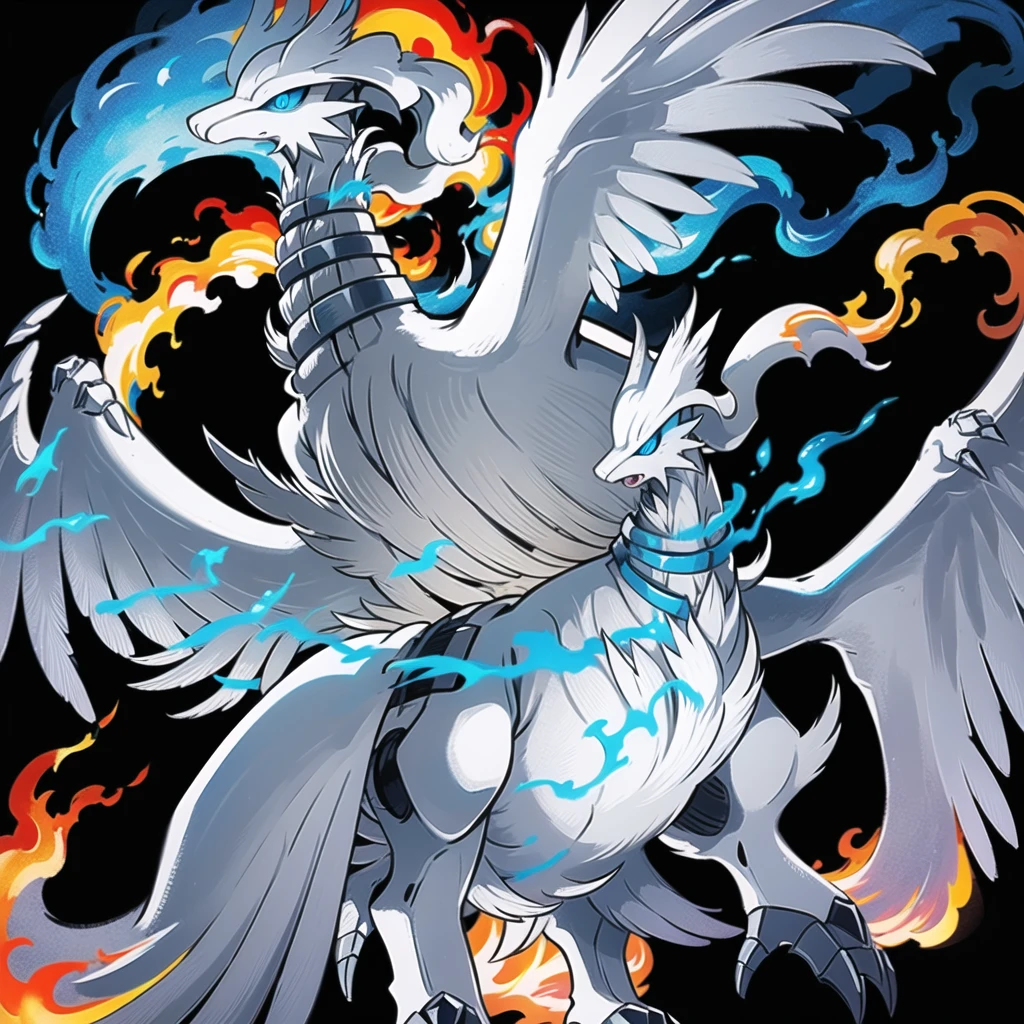 ((masterpiece,best quality)), absurdres,
,
Reshiram, 
blue eyes, blue fire, claws, fire, from below, grey background, no humans, simple background, glowing eyes,