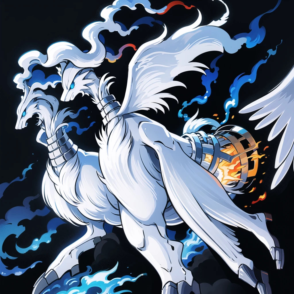 ((masterpiece,best quality)), absurdres,
,
Reshiram, 
blue eyes, blue fire, claws, fire, from below, grey background, no humans, simple background, glowing eyes,