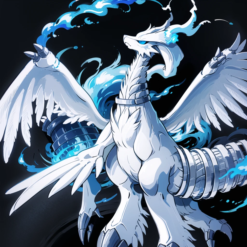 ((masterpiece,best quality)), absurdres,
,
Reshiram, 
blue eyes, blue fire, claws, fire, from below, grey background, no humans, simple background, glowing eyes,