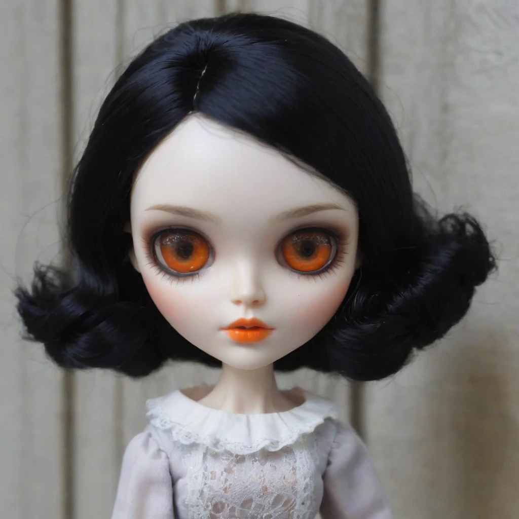 make me a white skin blythe doll, shoulder length black hair, dark gray eyes and eyebrow piercing, orange blush and dark orange lipstick