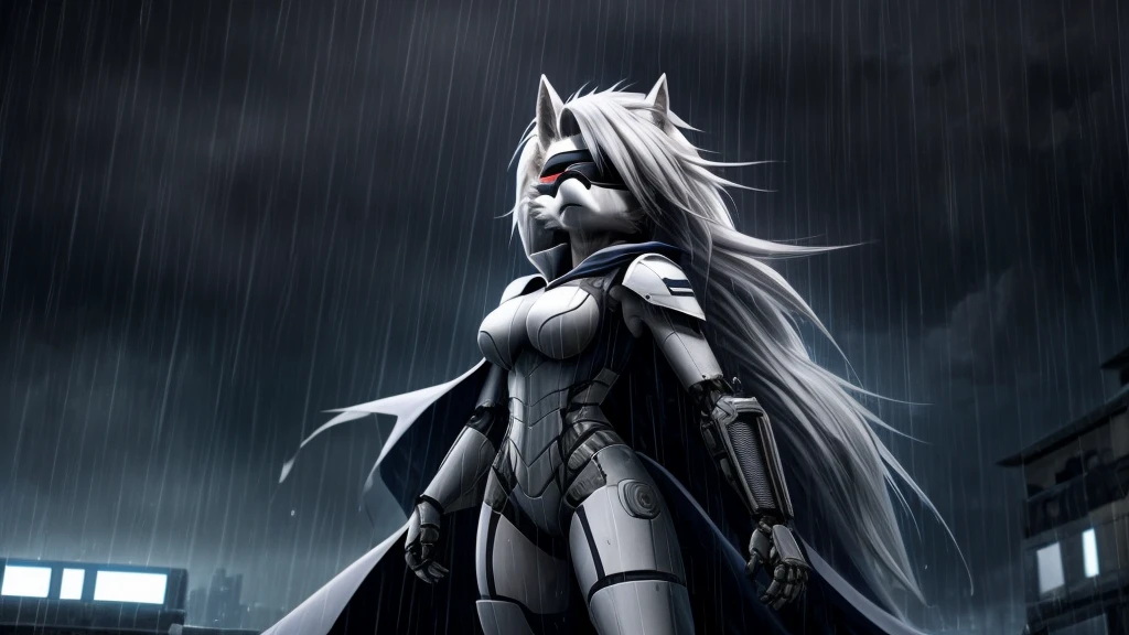 Loona from Helluva Boss, female white wolf, anthro, short white hair, blindfold, white modern armored combat suit, white mechanical cape, standing, serious, raining, clear background, dark lighting, detailed, solo, beautiful, high quality, 4K