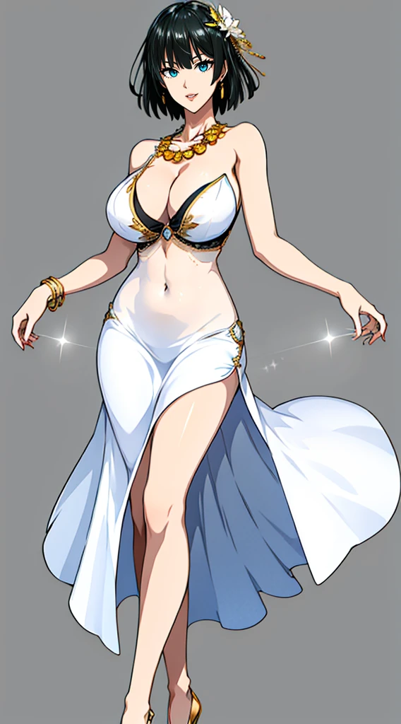 Simple white background,glitter,
barefoot,white dress,cleavage,collarbone, Navel,bare shoulders, Gold leaf on head,
bracelet, earrings, jewelry, gem,Pearl, Green eyes gold necklace, Black hair,explosions,short hair hair,
1girll, 20yo,young woman,Beautiful Finger,Beautiful long legs,Beautiful body,
Beautiful Nose,Beautiful character design, perfect eyes, perfect face,expressive eyes,perfect balance,
looking at the scenes,(Focus on her face.),closed mouth, (innocent_Large_eyes:1.0),(light_smile:0.3),
formal art,Highly detailed CG module 8K rear, perfect illumination,Colored, bright_front_face_lighting,white-skinned,
(Masterpiece:1.0),(Best_quality:1.0), very high resolution,4K,A highly detailed,
photography, 8K, hdr, highres, absurdres:1.2, Kodak portra 400, grain du film, blurry background, bokeh:1.2, lens flare, (vibrant_Farbe:1.2),professional photo,
(A beautiful,Large_breasts:1.4), (A beautiful_face:1.5),(narrow_waist), huge breasts smile closed mouth lipstick green lips earrings high heels full body viewer standing bedroom
draping chain side accents, a tie back closure, a high criss-cross neckline, a front keyhole opening with draping chain details, velcro closure at waist, aattached long tail, white crop top, and a breezy skirt with front and back panels, halter ties