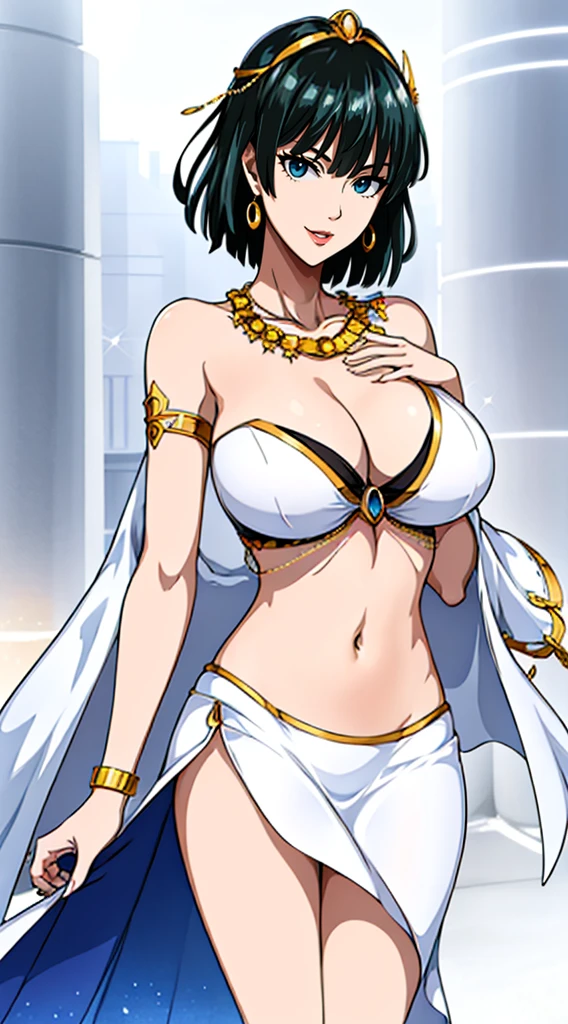 Simple white background,glitter,
barefoot,white dress,,collarbone, Navel,bare shoulders, Gold leaf on head,
bracelet, earrings, jewelry, gem,Pearl, Green eyes gold necklace, Black hair,explosions,short hair hair,
1girll, 20yo,young woman,Beautiful Finger,Beautiful long legs,Beautiful body,
Beautiful Nose,Beautiful character design, perfect eyes, perfect face,expressive eyes,perfect balance,
looking at the scenes,(Focus on her face.),closed mouth, (innocent_Large_eyes:1.0),(light_smile:0.3),
formal art,Highly detailed CG module 8K rear, perfect illumination,Colored, bright_front_face_lighting,white-skinned,
(Masterpiece:1.0),(Best_quality:1.0), very high resolution,4K,A highly detailed,
photography, 8K, hdr, highres, absurdres:1.2, Kodak portra 400, grain du film, blurry background, bokeh:1.2, lens flare, (vibrant_Farbe:1.2),professional photo,
(A beautiful,Large_breasts:A beautiful_face:1.5),(narrow_waist), huge breasts smile couth lipstick green lips earrings high heels full body viewer standing bedroom
draping chain side accents, a tie back closure, a high criss-cross neckline, a front keyhole opening with draping chain details, velcro closure at waist, aattached long tail, white crop top, and a breezy skirt with front and back panels, halter ties