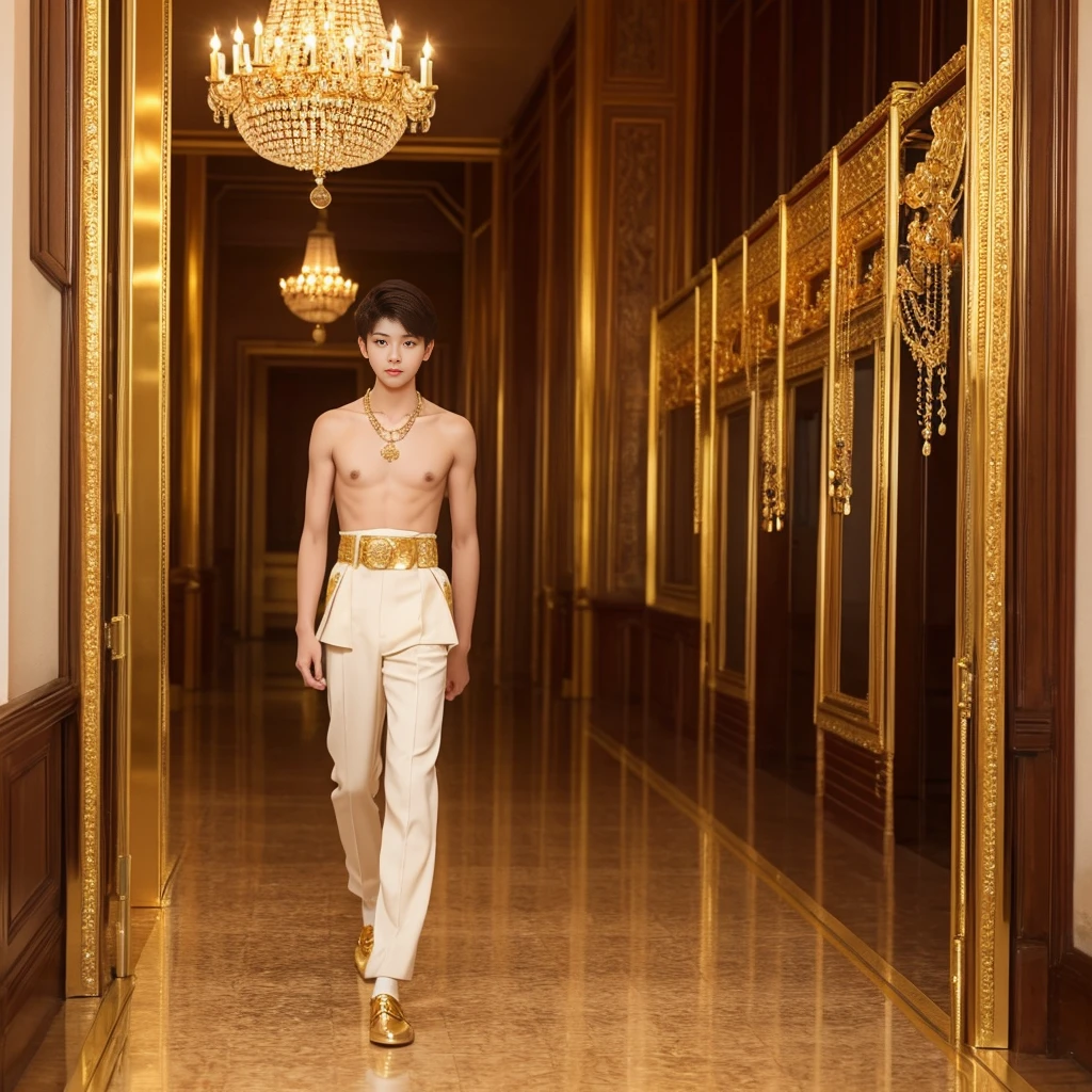 Full body Picture of a age boy Korean prince royal highness, ,thin body,15 yring light brown transparent underwear , many golden and crystal accessories on body, necklace hand belt , golden shoes,topless walking in Thailand royal palace hallway
