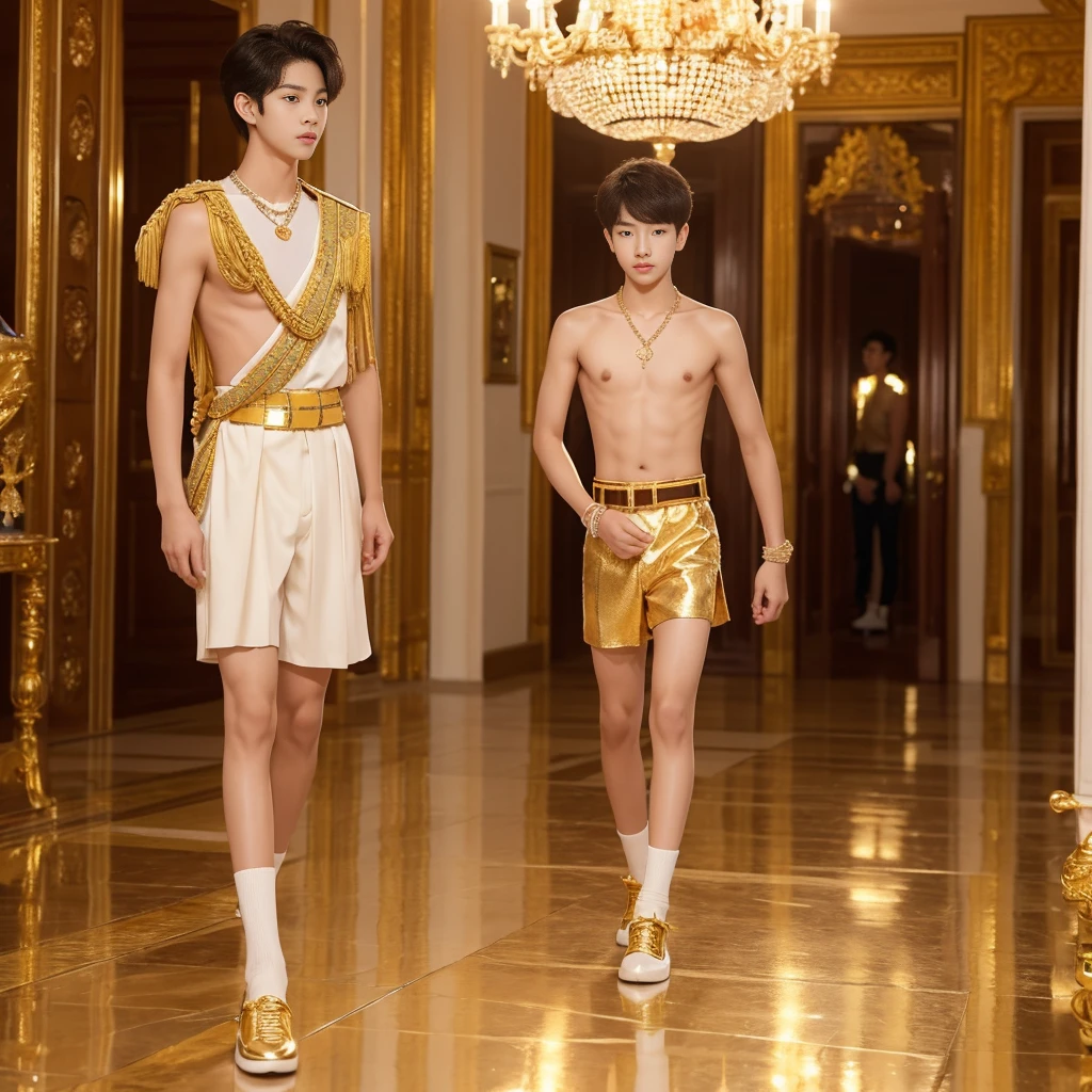 Full body Picture of a teenage boy Korean prince royal highness, ,thin body,15 years old wearing light brown transparent underwear , many golden and crystal accessories on body, necklace hand belt , golden shoes,topless walking in  Thailand royal palace hallway 