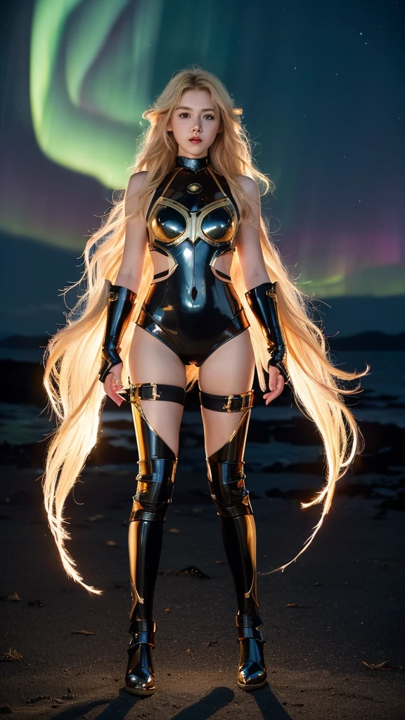 ((best quality)), ((masterpiece)), ((full body photograph)), ultra details armor, ultra details skin, sharp armor texture, crisp picture, 1girl, 20 years old, extremely cute, slim face, ((full make ups)), ((pink blushing)), ((red lips)), ((long wavy hair)), ((blonde hair)), ((hair blown by strong winds)), ((wearing tight steel-armor)), full steel armor, elf ears, ((tight latex panty)), ((thighs armor)), ((slim body shape)), ((gold and black armor)), no head cover, ((symmetrical body pose)), walking, epic backlights, night at beach, full of stars, orange clouds, nebula, ((aurora Borealis)), shooting stars, from belowl