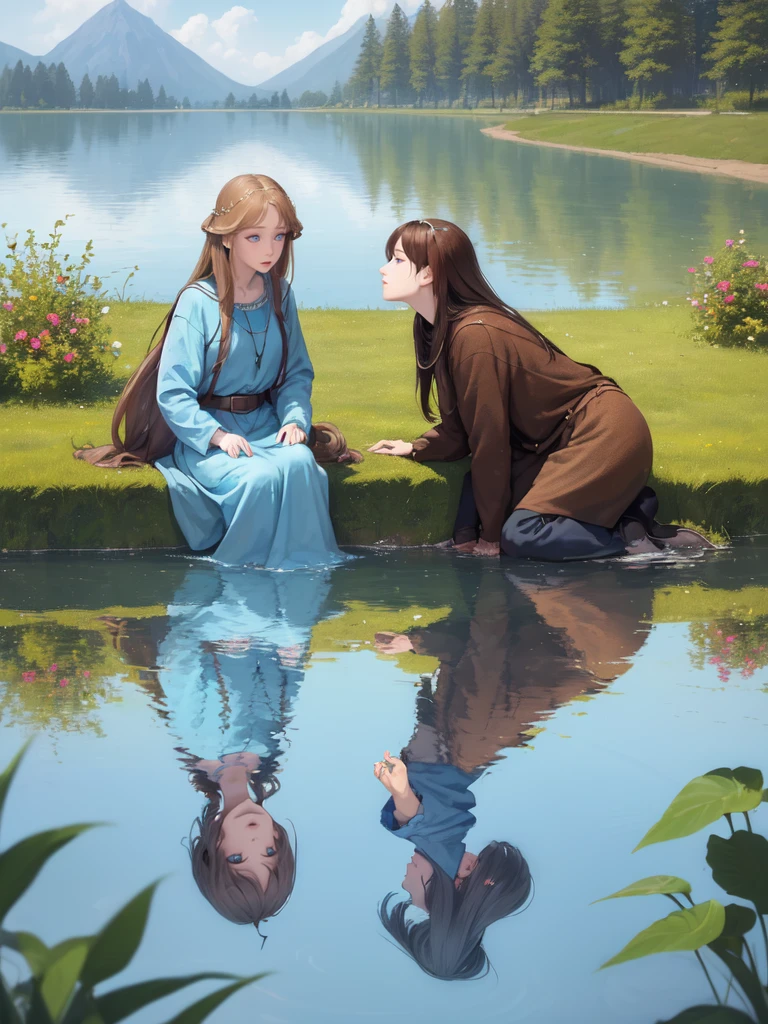 ((best qualityer)), ((work of art)),1womanl, Linda,brownhair, blue eyes of the middle ages seeing their reflection in a lake, ((looking at the lake)).((WITHOUT looking at the camera!!!!)) looking at the lake