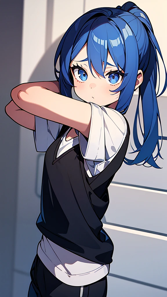 Very small girl with a round face, very big eyes, long eyelashes, blue hair with a very detailed ponytail at the base of her head, hands on her waist, dressed in a very loose short-sleeved blouse and with a bare abdomen, very watery cargo pants, with Jordan Dior style sneakers, 4K