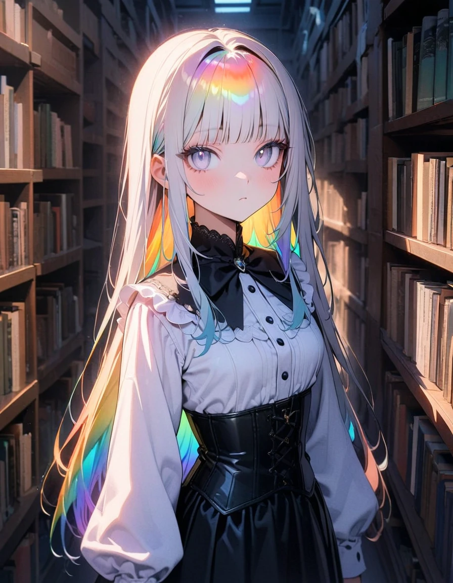 (8K, best quality, master piece: 1.2), super high resolution,1 girl,独奏,17yo,ultra-detailed face,detailed eyes,(silver eyes),blunt bangs,((rainbow hair)),Straight Hair,Long Hair,long sleeve petal collar blouse,white Fascinator,corset skirt,expressionless,lash extension,Small mouth,Behind her is a wall of bookshelves,Cowboy Shot,Rim Light,library