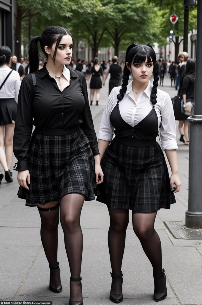 two big-assed goths,voluptuous bodies one with black hair and pigtails, and the other with black hair and short hair, both dressed in black clothes, one with a black dress and the other with a short white shirt and a black plaid skirt, in the middle of a city with people around 