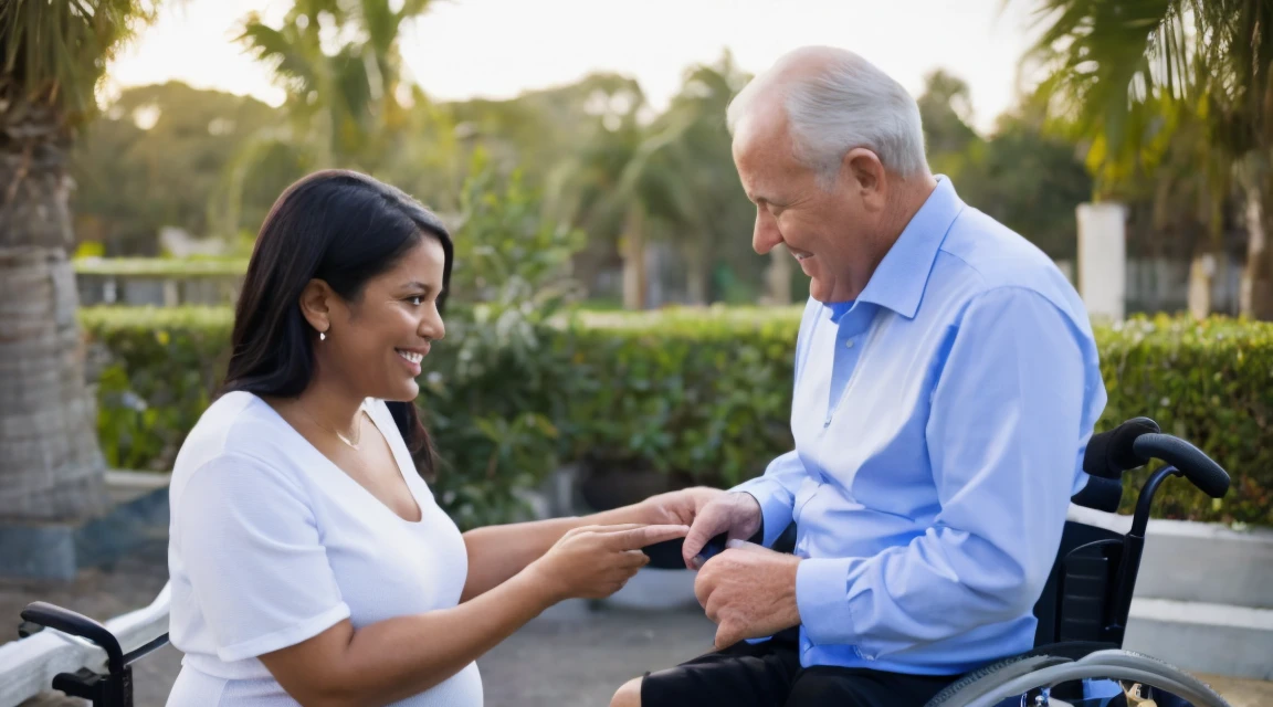 a pregnant woman helping a 60 year old man in a wheelchair