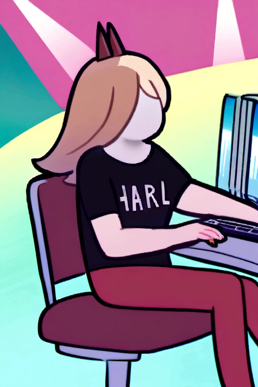 woman wearing an oversized shirt that reaches her thighs, with the text "H a r l" written on the shirt,happy with a bold expression, sitting on a chair gamer, playing from notebook , detailed face and eyes, 8k, best quality.