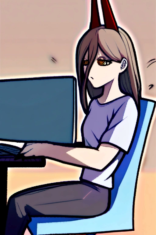 A Power,sitting on a chair,playing on a PC,wearing a shirt with the name Harl.