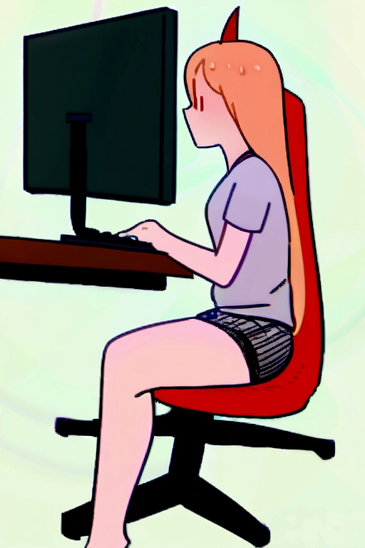 A Power,sitting on a chair,playing on a PC,wearing a shirt with the name Harl.