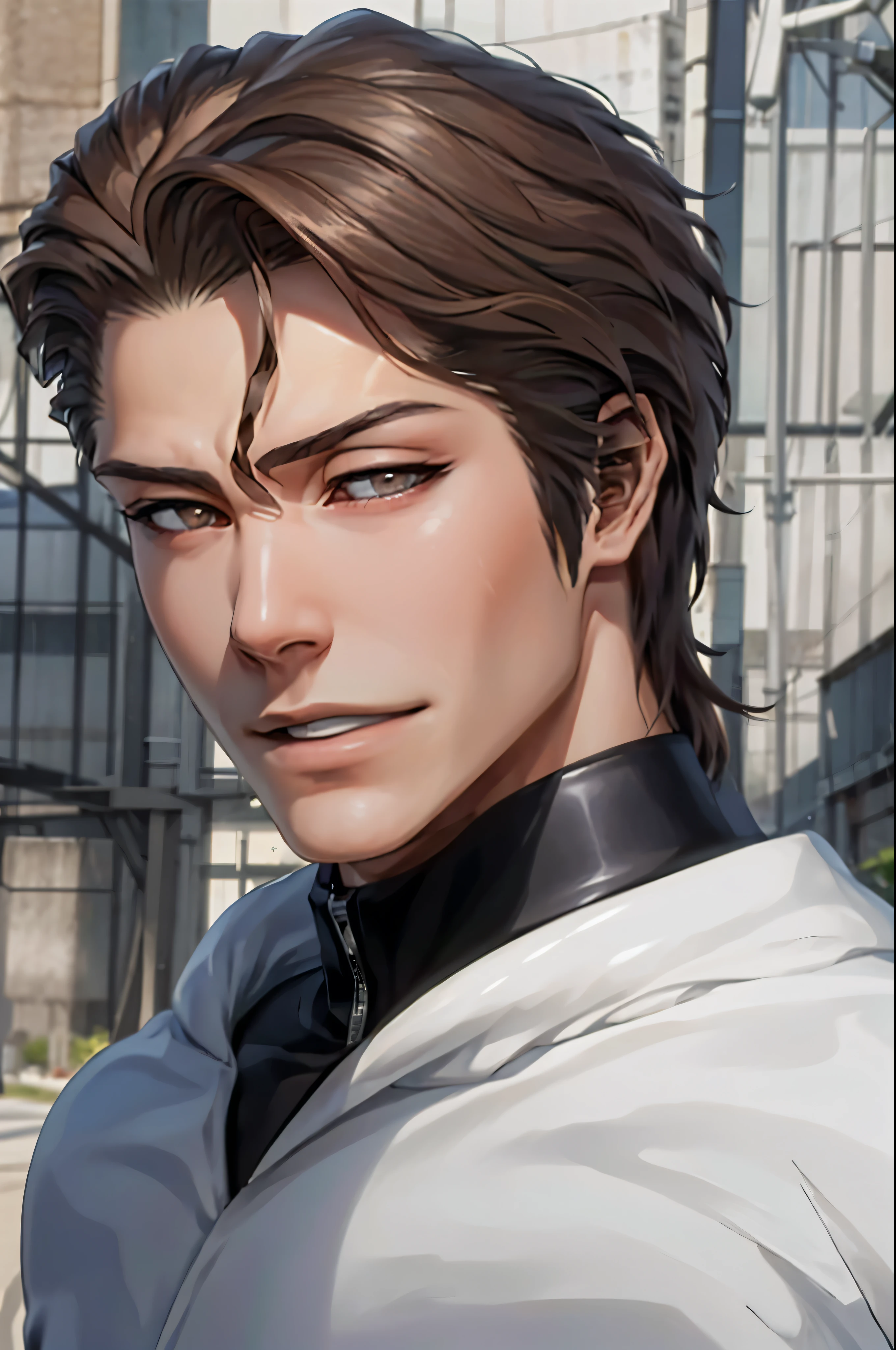 Aizen, (brown hair), black winter male overcoat black clothing,(masterpiece, best quality:1.2), cowboy shot, solo, male focus, 1boy, looking at viewer,dark formal suit, black formal outfit, black coat, walking straight,(photorealistic:1.4), (masterpiece, sidelighting, finely detailed beautiful eyes: 1.2),black leather gloves,masterpiece, best quality, ultra high res, highly detailed,