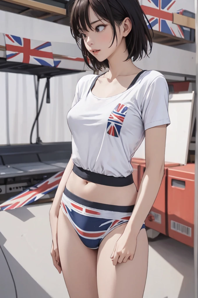 ((masterpiece, best quality)),((highres:1.2)), 1 Girl, solo, Blurred Background, (((Small breasts))), Thighs, (Stripe underwear), T-Shirts, nipple, short hair, ((Union Jack))