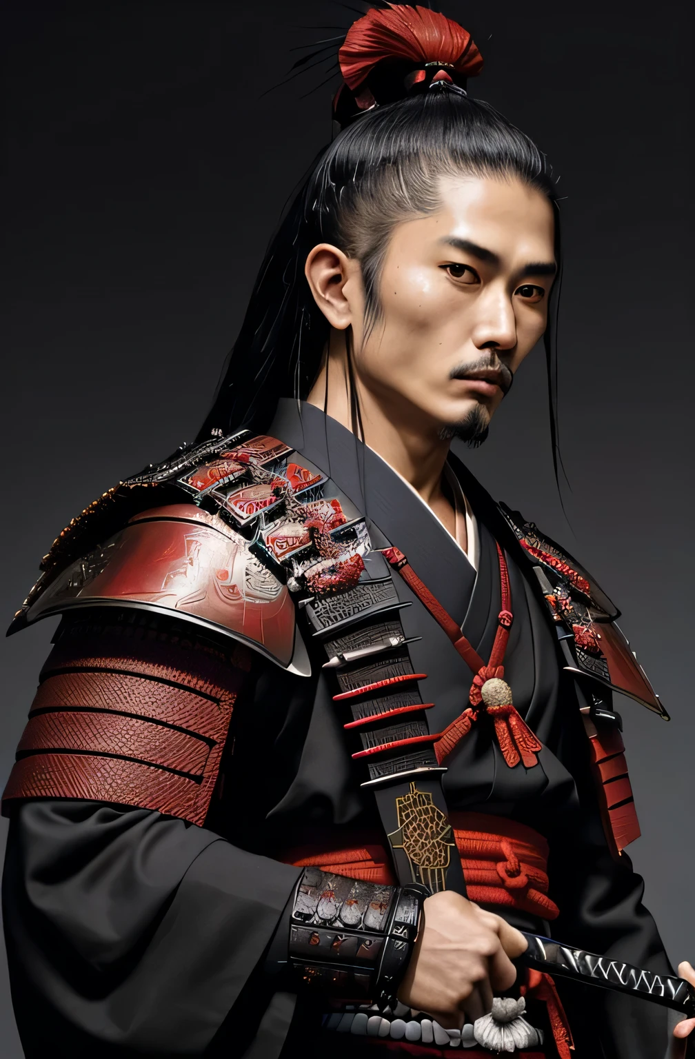 Dressed in black and red,Man from Arad holding a sword, dressed in an ancient samurai uniform, Samurai clothes, portrait of a samurai warriors, samurai warriors, samurai portrait photo, as samurai, dressed in samurai armor, samurai portrait, samurai portrait, Samurai of Japan, portrait of a cyberpunk samurai, samurai style, Samurai of Japan