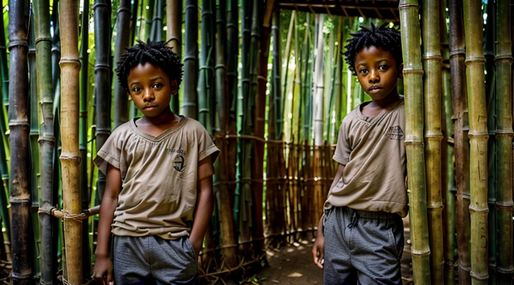 Image of a black teenager, - wearing a gray blouse, short curly hair - long pants, straw sandals, gets out of bed made of straw - bamboo leaves - hidden among the bamboo, wakes up scared, looking through the cracks in the bamboo, image of the bamboo - Image of a black boy, 12 years oldearly in the morning -