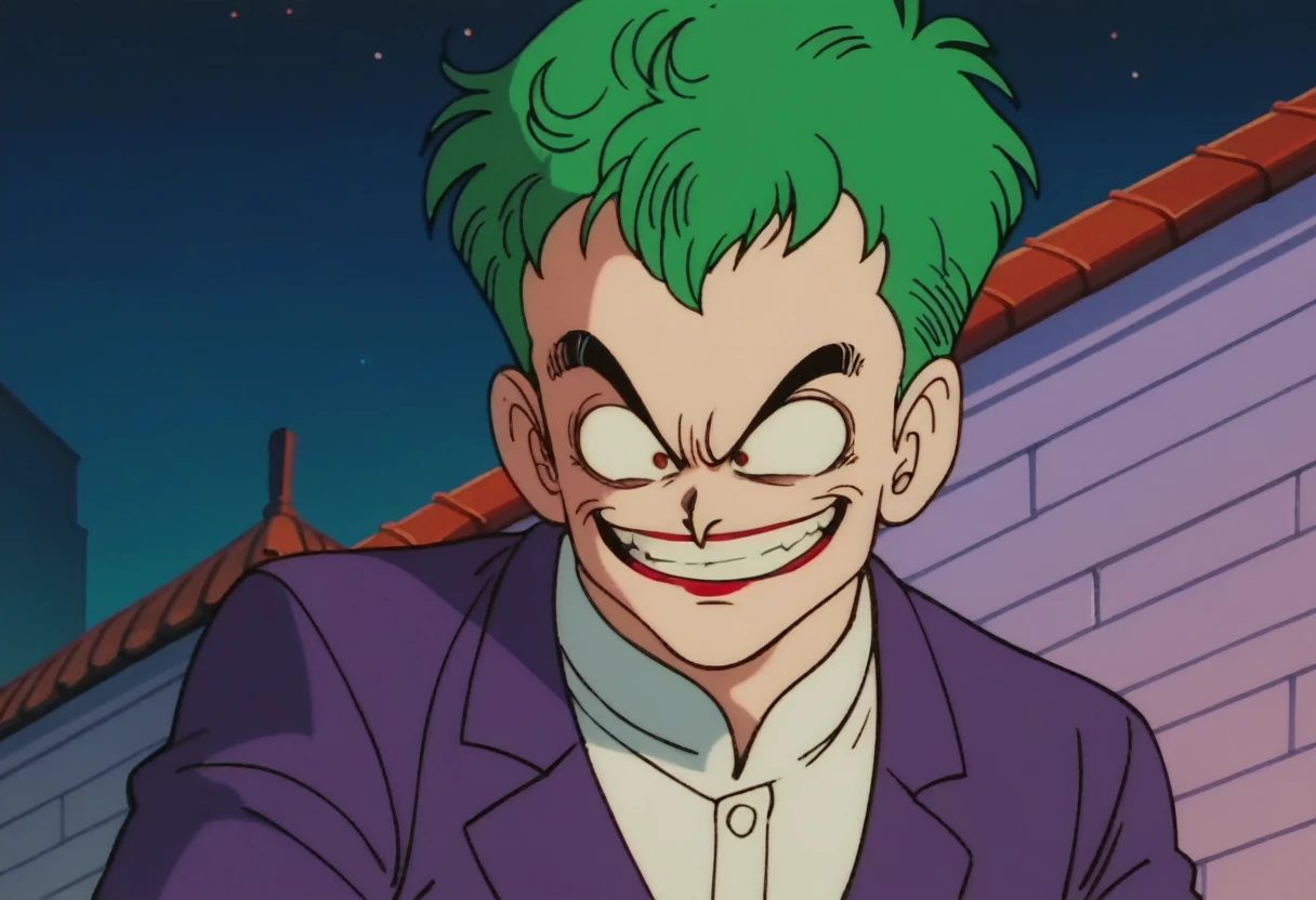 anime screencap,drgbls1, solo, The Joker, rooftop, night, white skin,red lips,evil smile, purple suit,green hair, upper body
