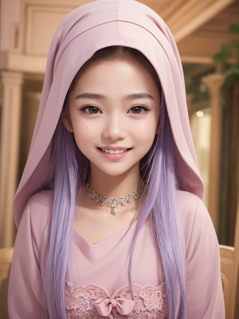 (8K、Raw photography、top quality、masterpiece: 1.2)、(realistic、Photorealistic:1.37)、ultra-detailliert、超High resolution, 1 girl、look at the viewer、beautiful facial details、Smile、Constriction、(Slim waist) : 1.3)、Professional lighting、Whole human body、Indonesian girl、wearing hijab、Muslim clothing, matriculation, Happy smile、sixteen years old、Red ribbon、baby face、Childish smile、Suppin 、Moisturizing lips、Thin pink lips、