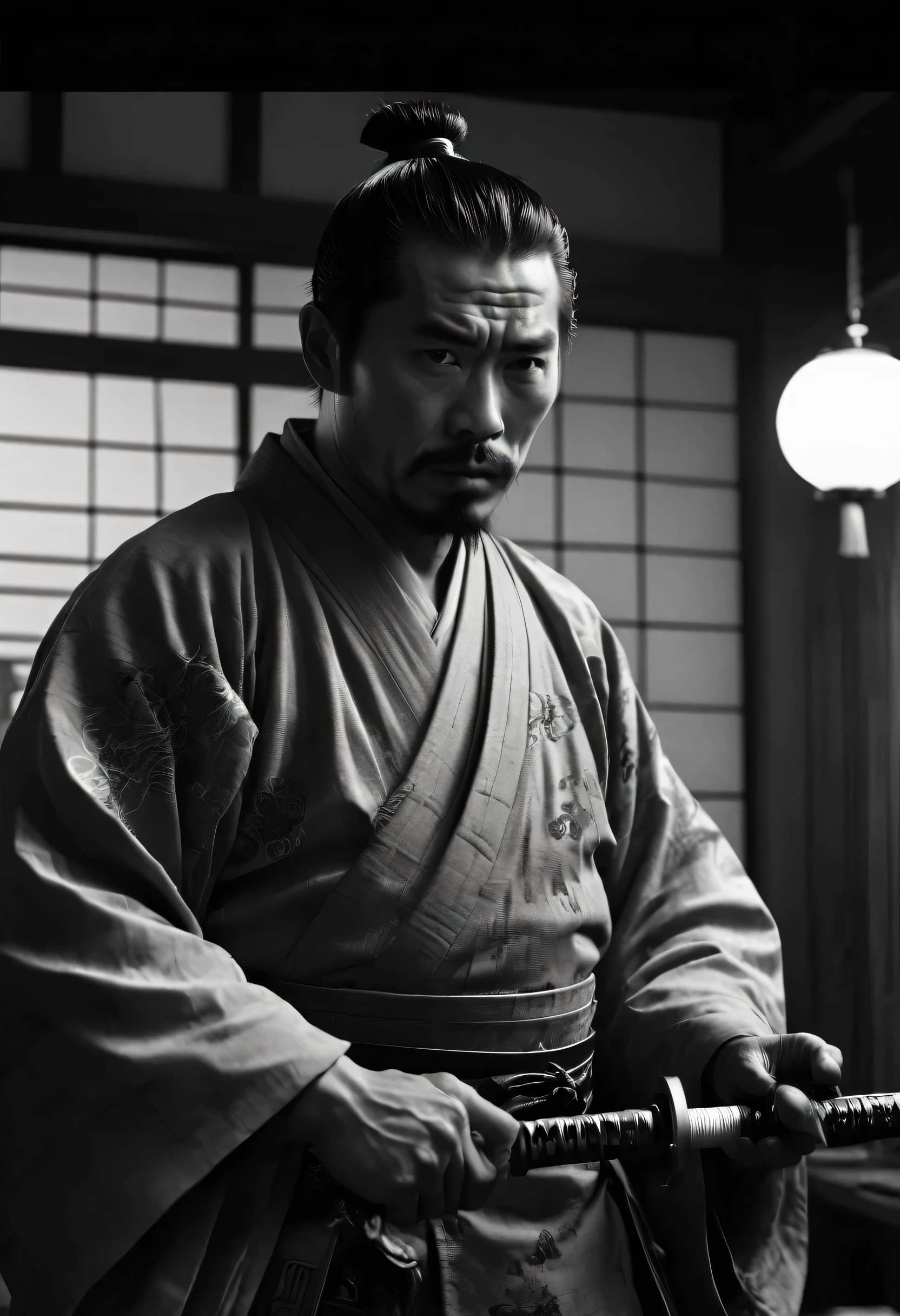 1950s Film, arcane samurai. Captured on a 35mm camera, black andwhite, classic film noir, (best qualityer, work of art, Representative work, offcial art, proffesional, ultra intricate detailed, 8K:1.3)