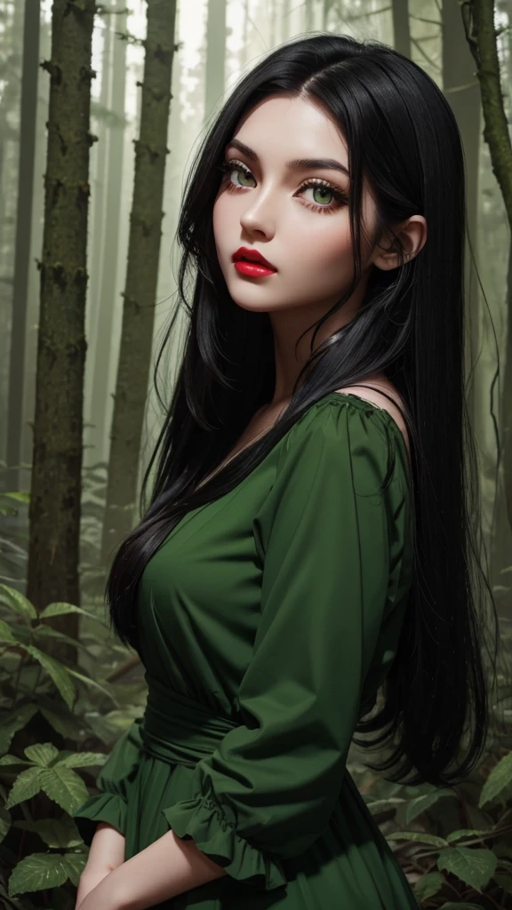 Cute girl with long black hair with green eyes long eyelashes red lips green dress in the middle of a dark forest
