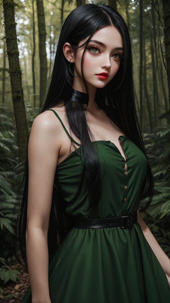 Cute girl with long black hair with green eyes long eyelashes red lips green dress in the middle of a dark forest