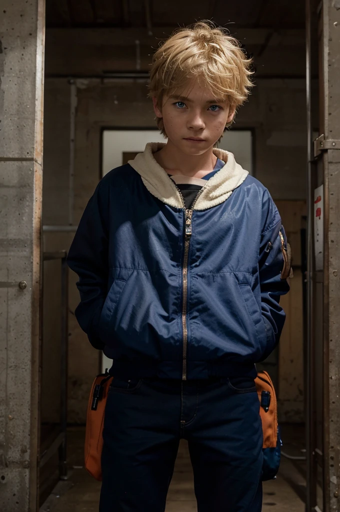 Young twelve year old boy, blue eyes, messy blonde hair, jacket with white collar, dark blue works and the rest orange https://static.wikia.nocookie.net/naruto/images/d/df/Naruto_-_12_anos_%28Render% 29.png/revision/latest/scale-to-width-down/250?cb=20190601002659&path-prefix=en