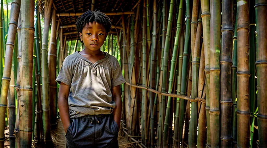 Image of a black teenager,  - wearing a gray blouse, short curly hair - long pants, straw sandals, gets out of bed made of straw - bamboo leaves - hidden among the bamboo, wakes up scared, looking through the cracks in the bamboo, image of the bamboo - Image of a black boy, 12 years oldearly in the morning -