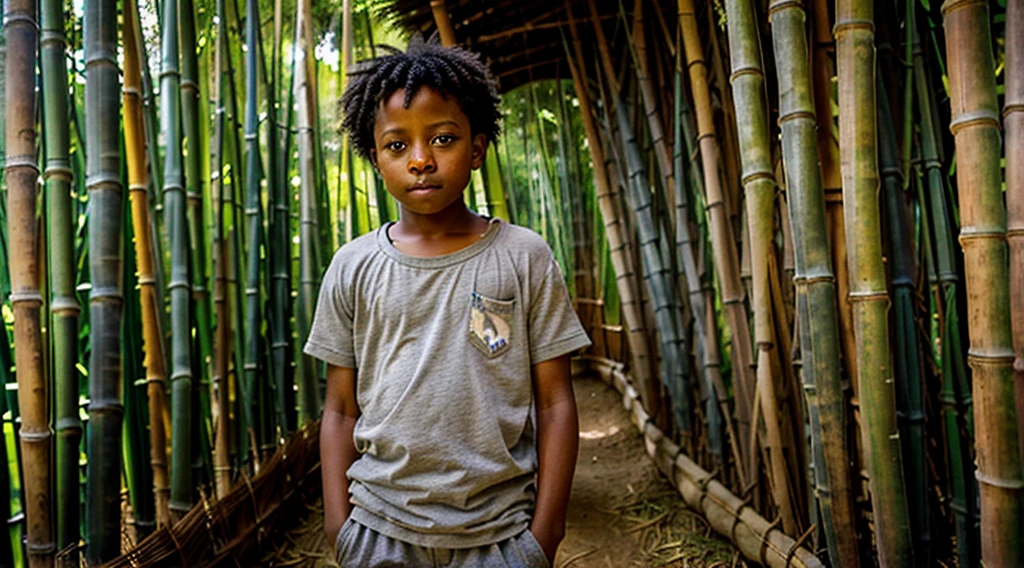Image of a black teenager, - wearing a gray blouse, short curly hair - long pants, straw sandals, gets out of bed made of straw - bamboo leaves - hidden among the bamboo, wakes up scared, looking through the cracks in the bamboo, image of the bamboo - Image of a black boy, 12 years oldearly in the morning -
