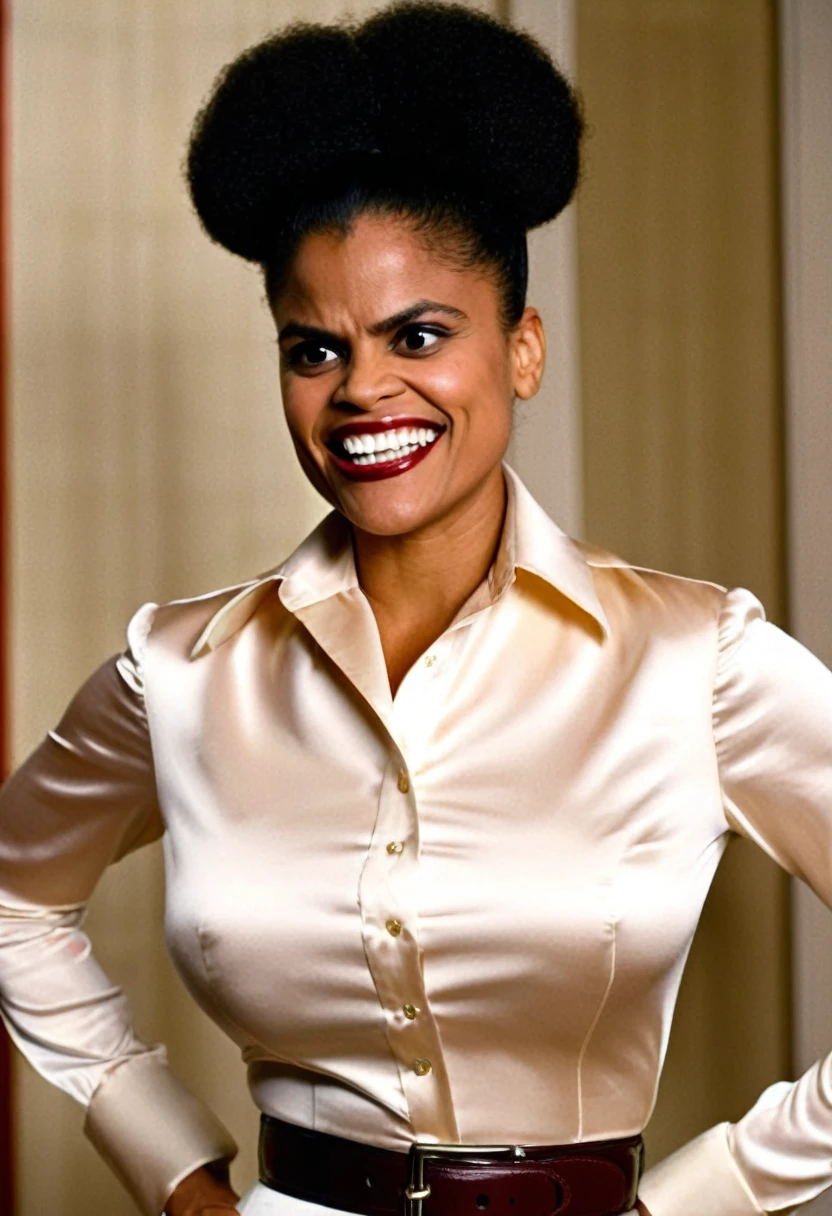 closeup shot in 1960, (muscular evil angry Zazie Beetz showing closed teeth with flared nostrils and furrowed brows:1.5) in a (closed satin skintight buttondown band collar blouse with large shoulder-pads and extremely tight belt:1.6), tight hairbun, silk gloves, (widened eyes), (muscular arms), subtle evil stare with flared nostrils, large shoulder-pads, (evil laugh), skintight satin pants defining her body, uptight, popped collar, stiff posture
