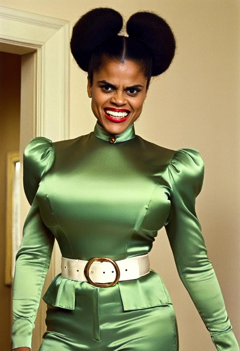 closeup shot in 1960, (muscular evil angry Zazie Beetz showing closed teeth with flared nostrils and furrowed brows:1.5) in a (closed satin skintight buttondown band collar blouse with large shoulder-pads and extremely tight belt:1.6), tight hairbun, silk gloves, (widened eyes), (muscular arms), subtle evil stare with flared nostrils, large shoulder-pads, (evil laugh), skintight satin pants defining her body, uptight, popped collar, stiff posture