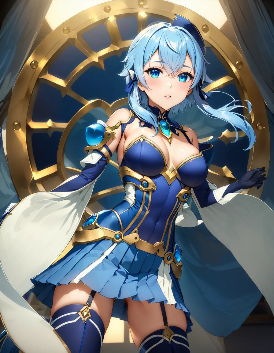 Highest quality、unity 8k wallpaper、32k、masterpiece、Very detailed、Ultra-high resolution、Very detailedな顔、RAW Photos、Professional、Ultra-fine painting、Sky Archer, Otherwise, Solus、light blue short hair、Sky blue eyes、blue magical girl costume、Deep indigo ribbon and large sapphire brooch、half puff sleeves、(((Blue pleated skirt with white lines)))、Blue and white long gloves、Indigo thigh-high stiletto heel boots with gold molding