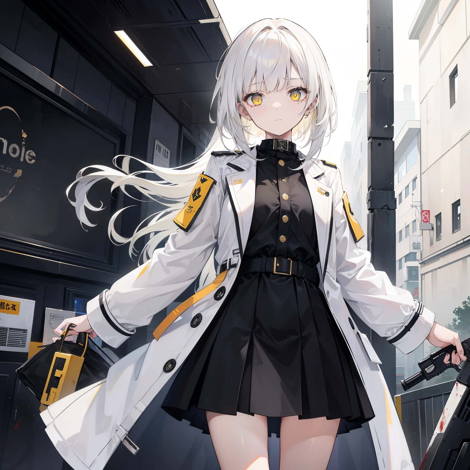 1girll，White color hair，Hair shoulder length，Yellow pupil，Wearing an old black trench coat，Short black skirt for high school student，Half of his face was bloody，horrified expression，Carry a shotgun，Dilapidated classrooms