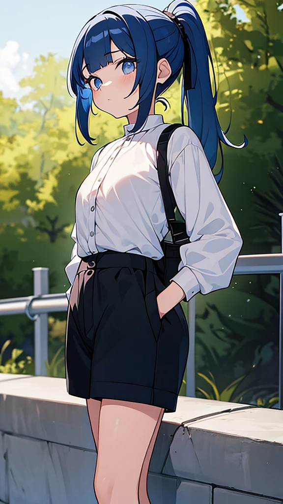 Very small girl with a round face, very big eyes, long eyelashes, blue hair with a very detailed ponytail at the base of her head, hands on her waist, dressed in a very loose short-sleeved blouse and with a bare abdomen, very watery cargo pants, with Jordan Dior style sneakers, 4K